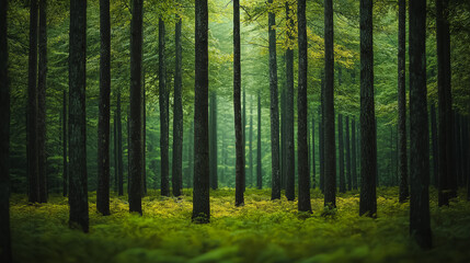 Fototapeta premium A forest with tall trees and a lush green field