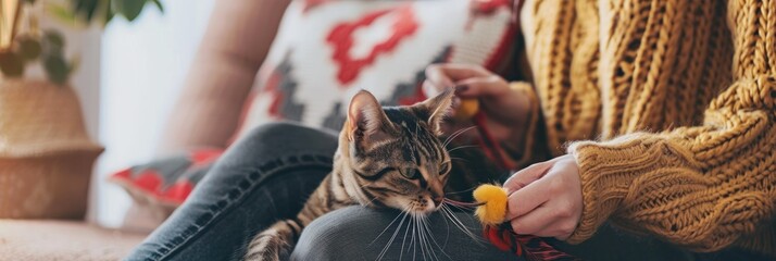 A woman sitting on a couch with her tabby cat, the cat is playing with a yellow feathered toy.