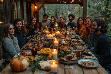 Fototapeta premium A group of friends gathered around a semi-outdoor table for a Thanksgiving meal, enjoying the crisp autumn air, candles flickering, and smiles all around. Generative AI