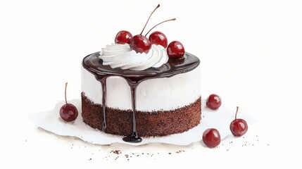 Delicious chocolate cake topped with cherries and whipped cream, evoking sense of indulgence and joy. 