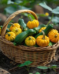 pumpkins with leaves in wicker basket on ground in vegetable garden. harvest, organic food, farm. sustainable, agriculture concept.