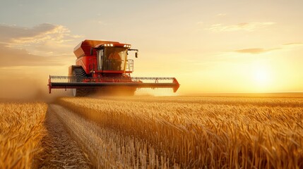 Obraz premium Harvesting wheat at sunset, red combine harvester moves through golden fields, creating sense of productivity and tranquility. 