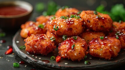 Fototapeta premium Crispy golden-fried snacks drizzled with tangy sauce and garnished with green onions on a rustic wooden platter. Generative AI