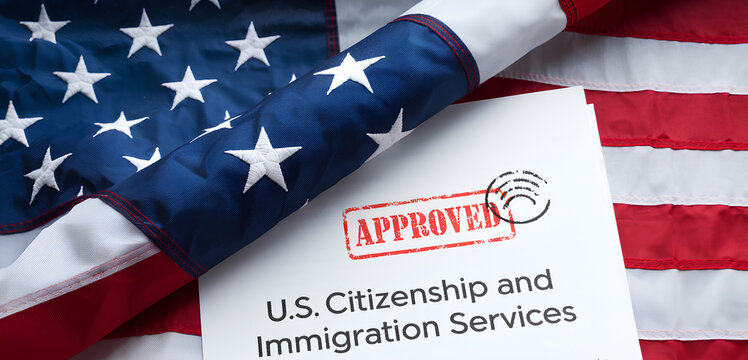 US immigration approval for family and business, home department immigration, and migration laws with a US flag concept.