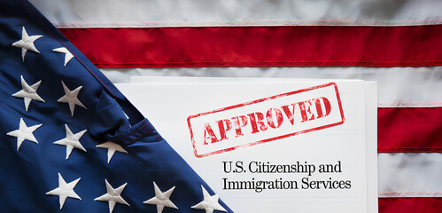 US immigration approval for family and business, home department immigration, and migration laws with a US flag concept.