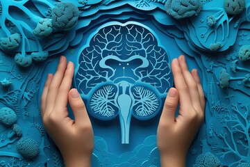Adult and child hands holding encephalography brain paper cutout, Epilepsy and alzheimer awareness, seizure disorder, mental health concept