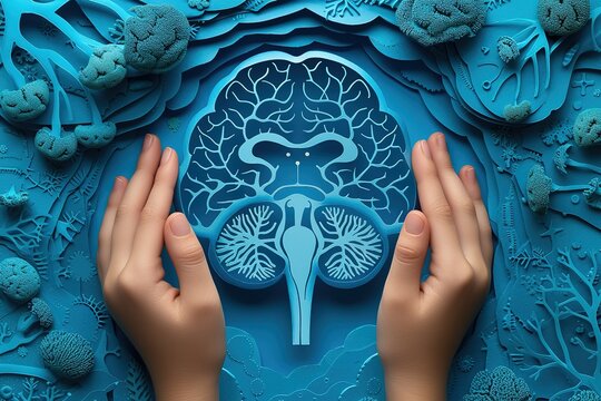 Adult and child hands holding encephalography brain paper cutout, Epilepsy and alzheimer awareness, seizure disorder, mental health concept - Powered by Adobe