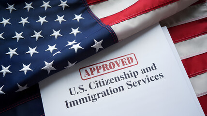 US immigration approval for family and business, home department immigration, and migration laws with a US flag concept.