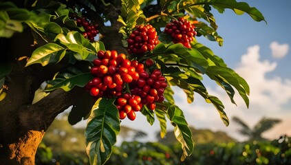 closeup ripe coffe fruit on tree in farm ready to harvest