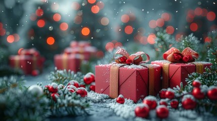 Delightful holiday gifts surrounded by festive decorations and soft snowfall in a cozy winter atmosphere. Generative AI