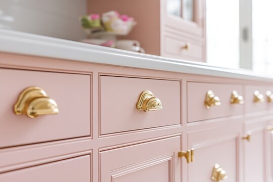 pink and gold kitchen cabinets with knobs