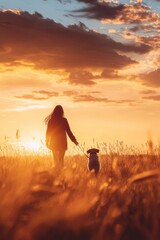 a person walking in a field with a dog at sunset
