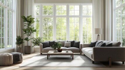 Fototapeta premium Modern Living Room with Large Windows and Natural Light.