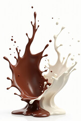 Chocolate and milk splash isolated on a white background, beautiful splash shape.