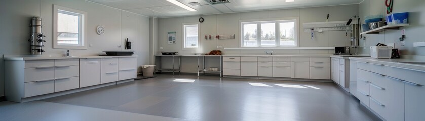 Clean, modern kitchen with white cabinets, a grey floor, and stainless steel appliances.
