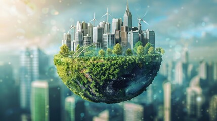 A clean, modern city based on renewable resources on planet earth. Environmental concept of alternative sustainable energy for an eco-friendly planet