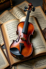 A violin with a bow and a music sheet nearby