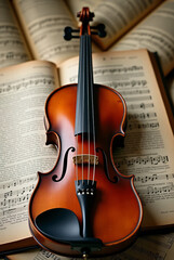 Fototapeta premium A violin with a bow and a music sheet nearby