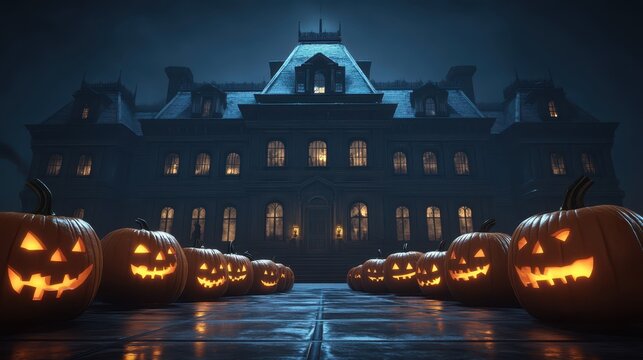 halloween pumpkins in front of a mansion