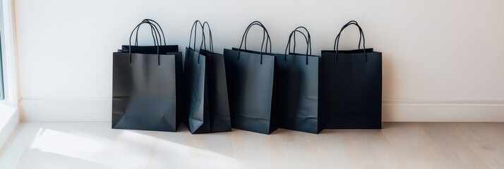 five black shopping bags lined up against a wall