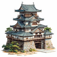 Fototapeta premium Traditional Japanese Castle Building with Stone Base