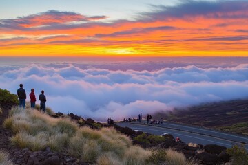 people standing on a hill overlooking the clouds at sunset