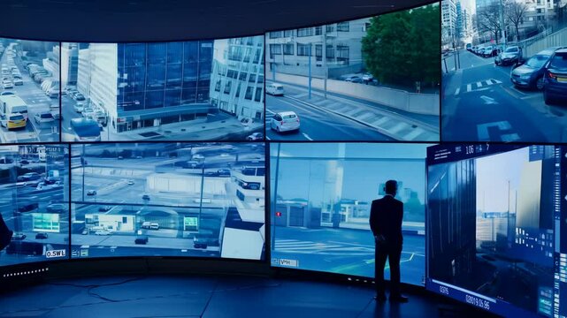 Multi-Angle CCTV Cameras with Split Screen Display on Revolving Video Wall