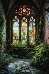 Enchanting Stained Glass Window in Abandoned Ivy-Covered Chapel