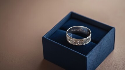 Silver Ring with Intricate Design in a Blue Velvet Box.