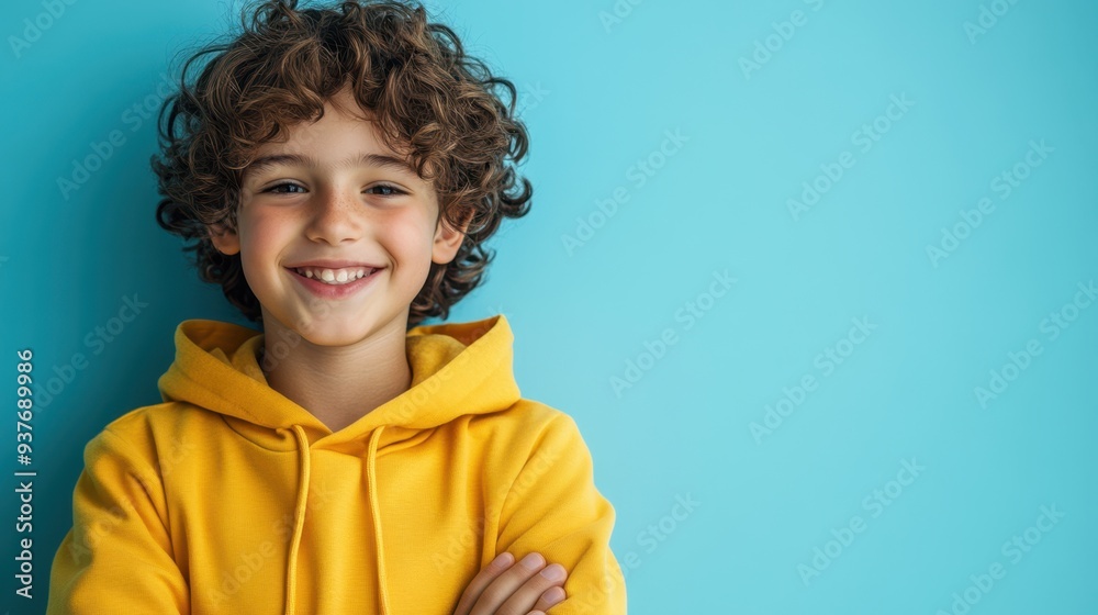 Wall mural the smiling boy in yellow hoodie.