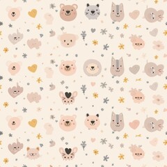 Obraz premium Seamless pattern of cute cartoon animal faces and flowers in pastel colors.
