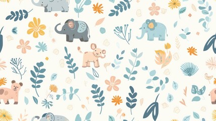 Seamless pattern with elephants, bear, and floral elements on white background.