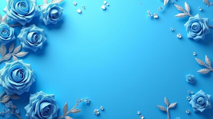 Banner, blue background decorated with blue roses evoking feminine feelings with romantic and love concept.