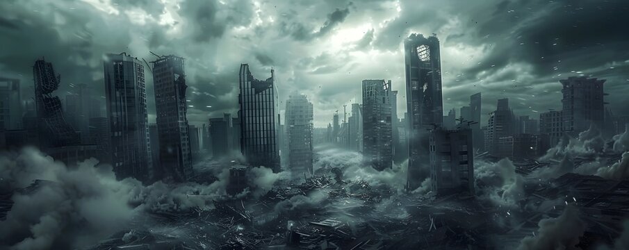 Dystopian Cityscape with Dark Stormy Skies and Towering Structures in a Post Apocalyptic Future