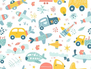 Fototapeta premium Seamless pattern with cartoon airplanes, cars, flowers and stars on a white background.
