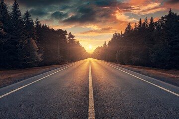 Obraz premium Guiding arrow on road - sunset hues with blurred background and copy space. Beautiful simple AI generated image