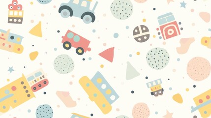 Colorful seamless pattern with abstract shapes, toy cars, and boats.