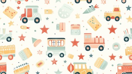 Seamless pattern with colorful toy trucks, stars, and abstract shapes on white background.
