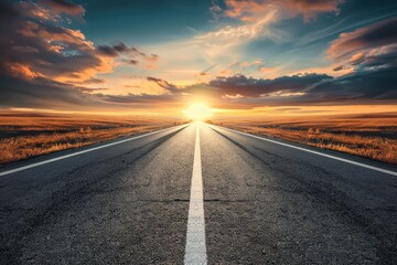 Naklejka premium Guiding arrow on road - sunset hues with blurred background and copy space. Beautiful simple AI generated image