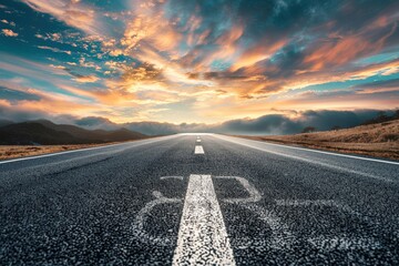 Guiding arrow on road - sunset hues with blurred background and copy space. Beautiful simple AI generated image