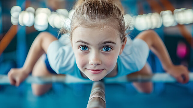 Young Gymnast on Parallel Bars: A young gymnast performing on parallel bars, demonstrating 