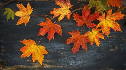 Maple leaves in full autumn color, glowing under the afternoon sun, set against a rustic background