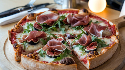 A delicious Chicago-style deep-dish gourmet pizza topped with fresh arugula, prosciutto, figs, and melted cheese, served in a cozy restaurant with soft, warm lighting in the background. 