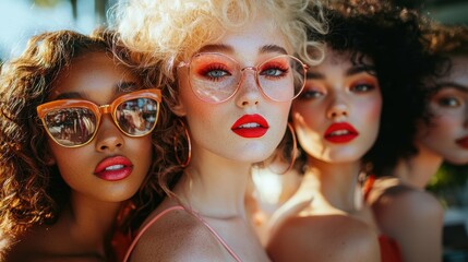 Obraz premium Diverse group of models with bright eye makeup and red lips at a sunny outdoor cafe