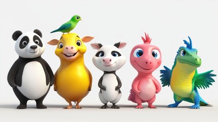 Fototapeta premium 3D adorable cartoon animals: cow, kangaroo, panda, iguana, and bird in vibrant colors, on a white background, lively and fun