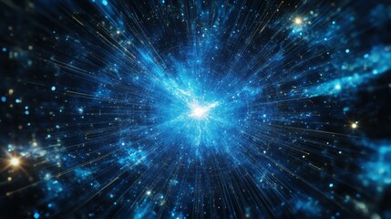 Fototapeta premium Radial burst of light forming a sunburst chart on a deep blue cosmic grid