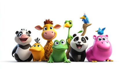 3D adorable cartoon animals including cow, kangaroo, panda, iguana, and bird, in vibrant colors on a white background