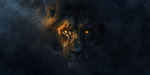 A male lion emerging from the shadows, partially hidden, with eerie, glowing eyes and a dark, misty background.