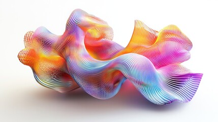 Abstract multicolored 3D shape with vibrant, flowing geometrics, digitally generated, set against a white background