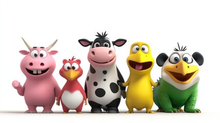 Obraz premium Adorable 3D cartoon animals: cow, kangaroo, panda, iguana, and bird in vibrant colors on a white background